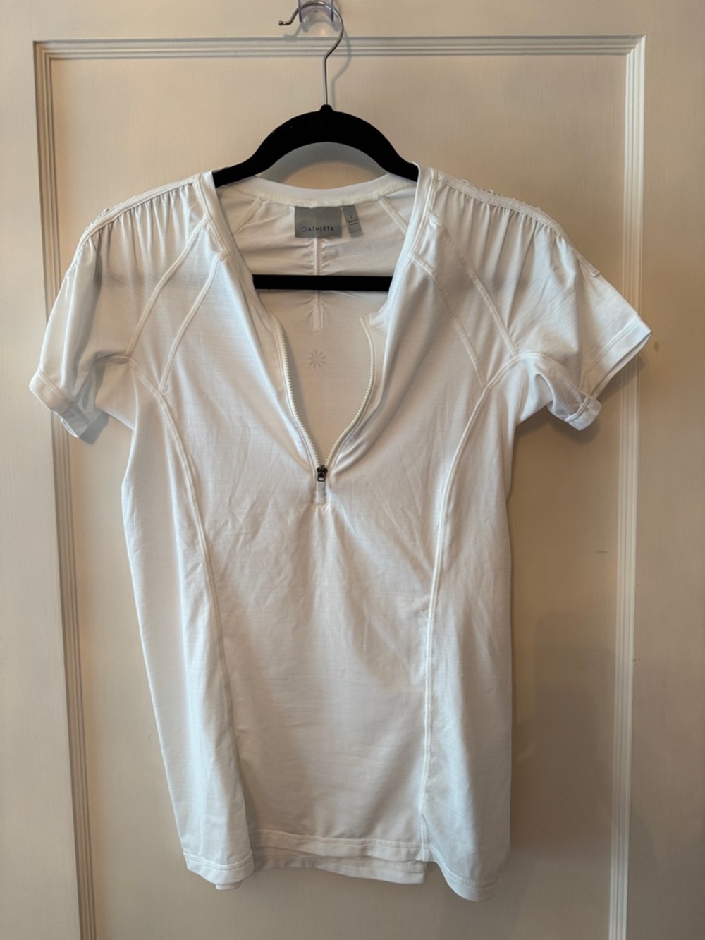 Athleta White Short-Sleeve Zip Front Rash‎ Guard Top